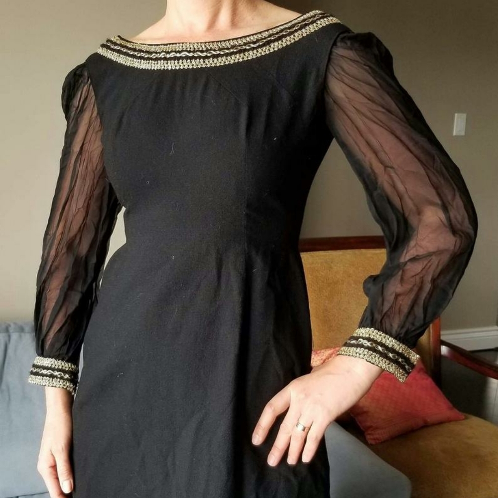 50's Gold Soutache Chiffon Balloon Sleeves Dress - Picture 9 of 9